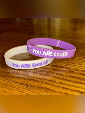 “You are loved” & “You are Enough” Bracelets; white butterfly & purple smiley